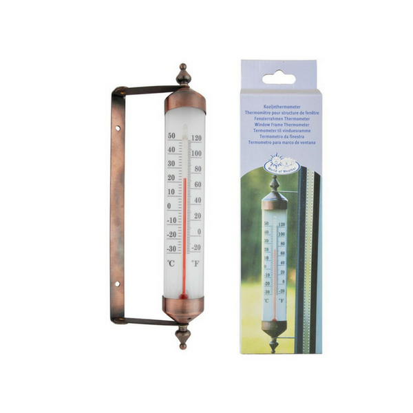 Vasekarva retroaknatermomeeter mõõdab temperatuuri -30 C kuni +50 C.Kõrgus 25 cm Laius 8,4 cm Sügavus 4,7 cm Materjal : metall, klaas, PP